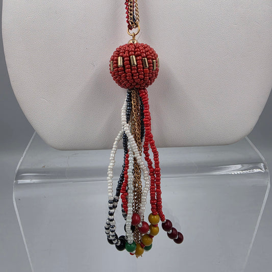 30" Gold/Blue/Red Chain/ Seed Bead Tassel Necklace