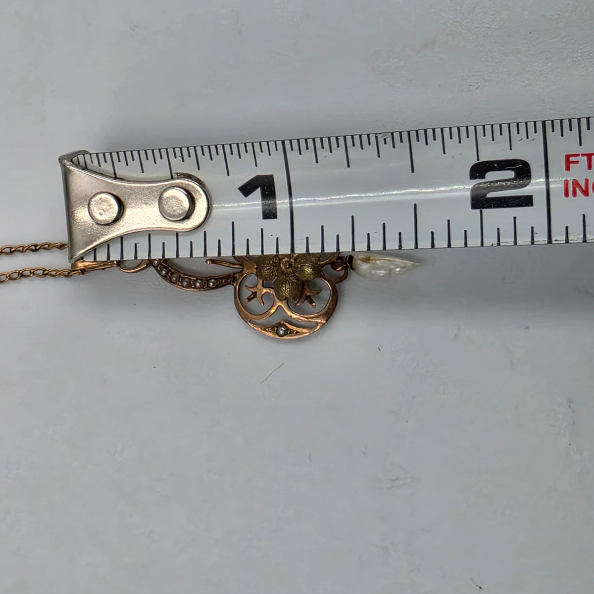 10k Antique 1890-1910 Rose Gold/Pearl/ Openwork Lavalier Pendant On 17" Chain Necklace