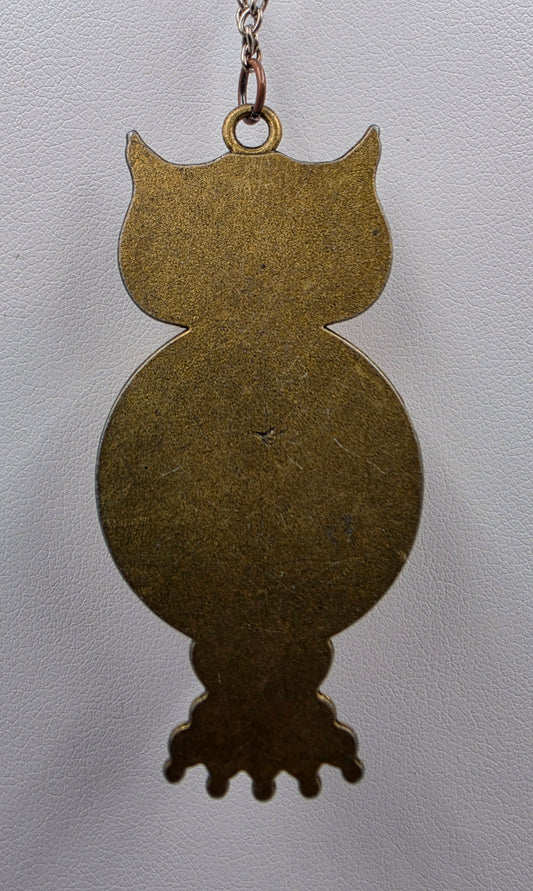 Brass/Bronze Textured Owl With Pink/Yellow/Orange Shimmery Iridescent Cabochon 16"-18" Necklace