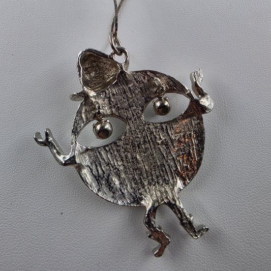 1970's Vintage Silver Tone Happy Face Figure With Clear Rhinestone Dangle Eyes Pendant and 18" Necklace