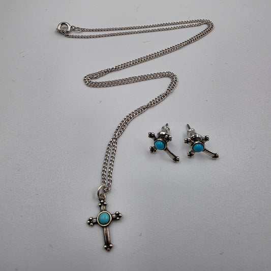 Sterling Silver/Turquoise 18" Necklace And Matching Earrings
