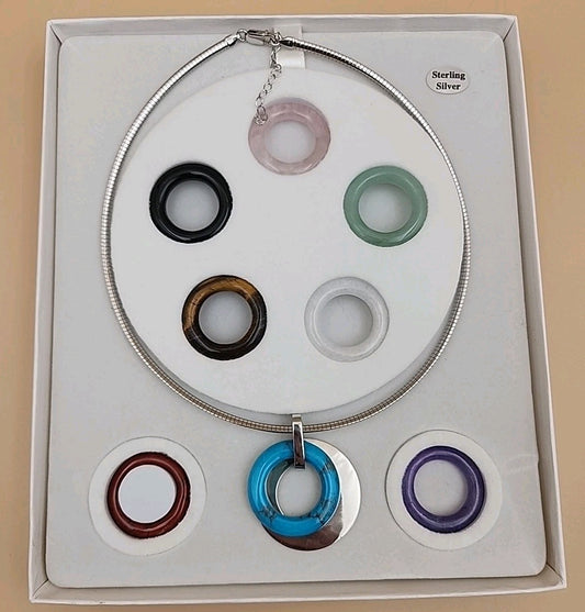 COLORS OF LIFE/Sterling Silver/8 Gemstone Rings/Interchangeable Choker Necklace