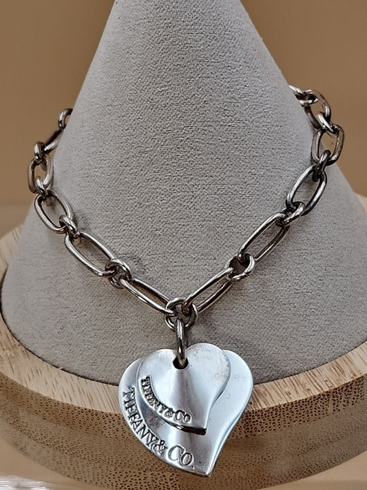 TIFFANY AND CO. 925 Silver Dbl. Dangle Heart 8" Open Link Charm Bracelet