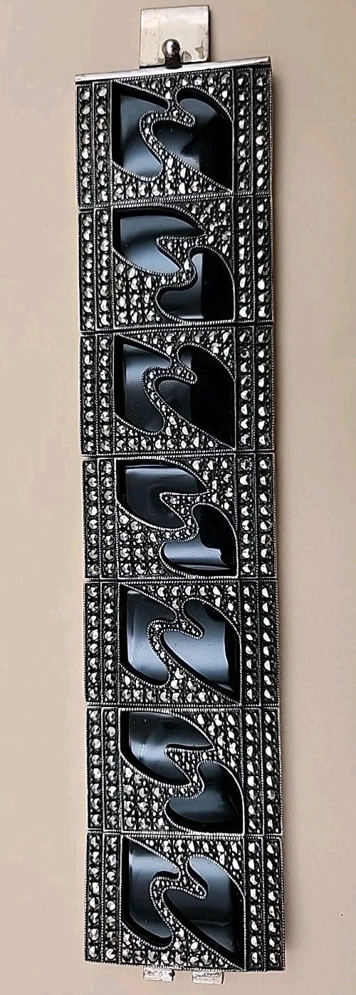 JUDITH JACK Vintage Sterling Silver Black Onyx/Marcasite Panel Bracelet