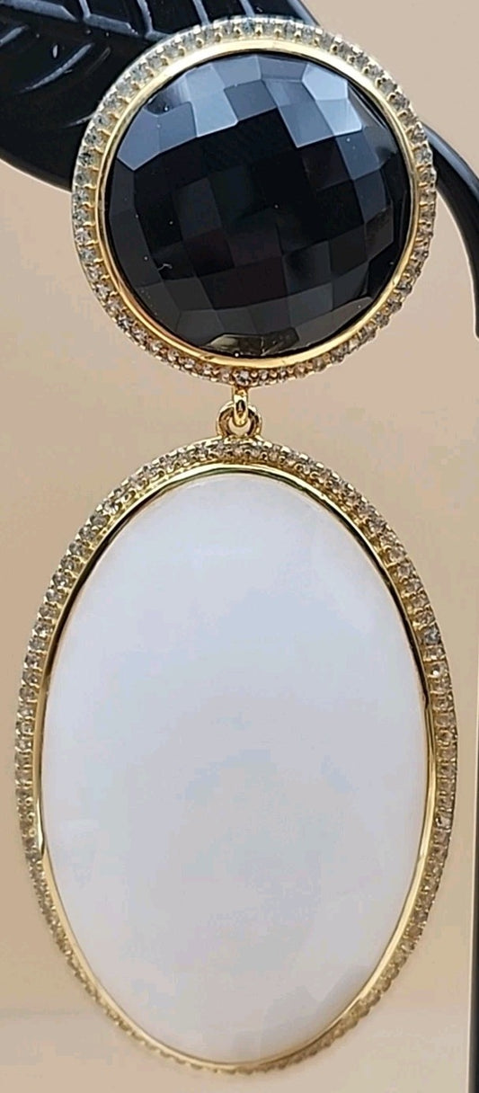 ROSS SIMONS 18k Over Sterling White Agate/ Black Onyx/White Topaz Drop Earrings