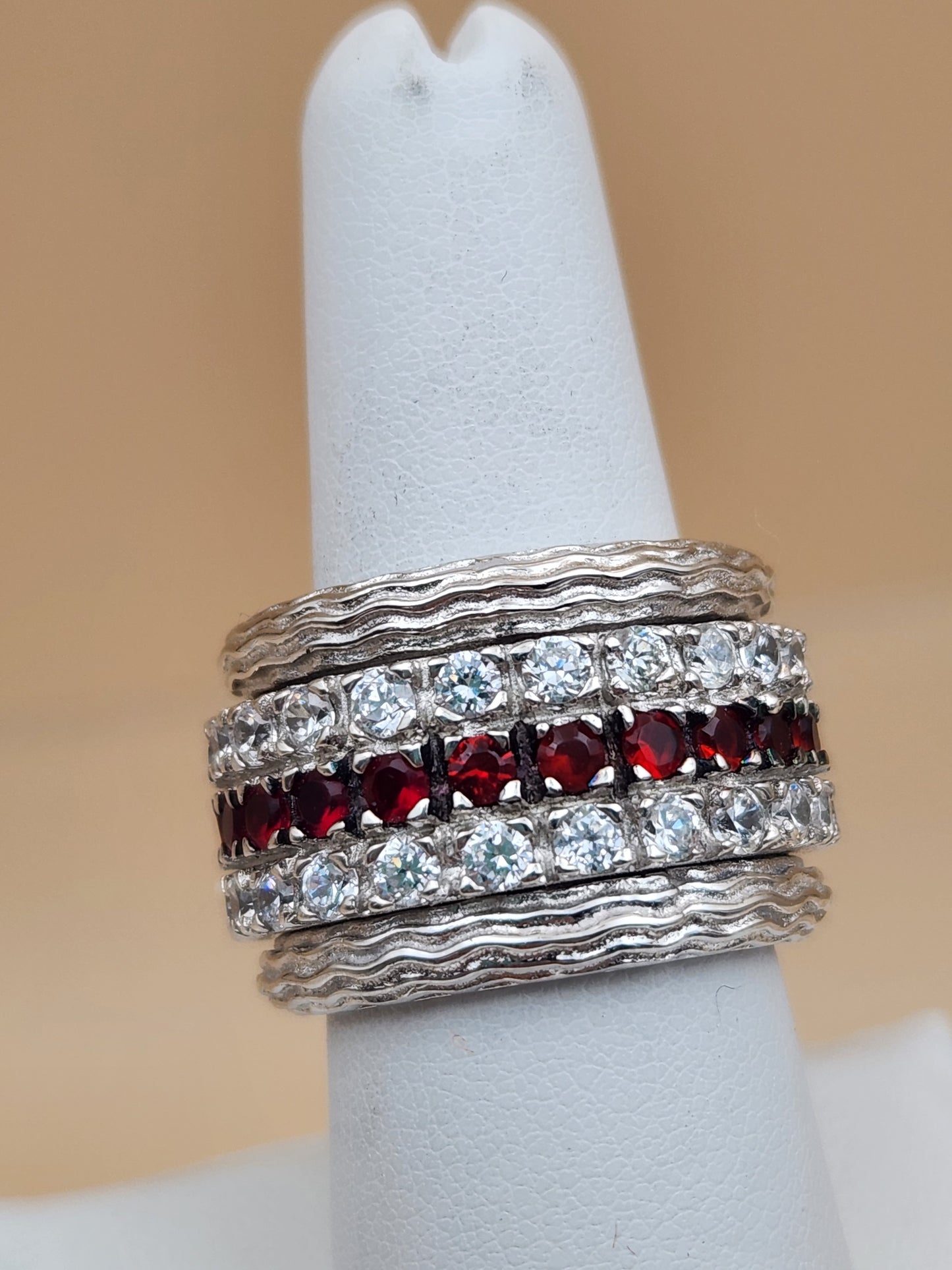 Sterling Silver Red Garnet/ Zircon Stone Spinner Ring Size 8