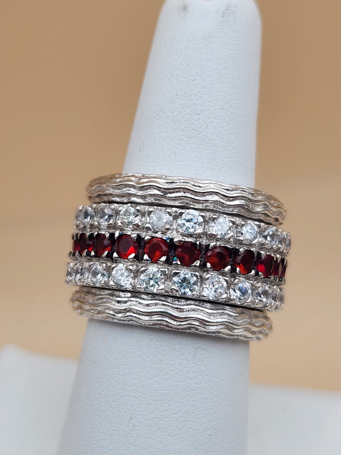 Sterling Silver Red Garnet/ Zircon Stone Spinner Ring Size 8