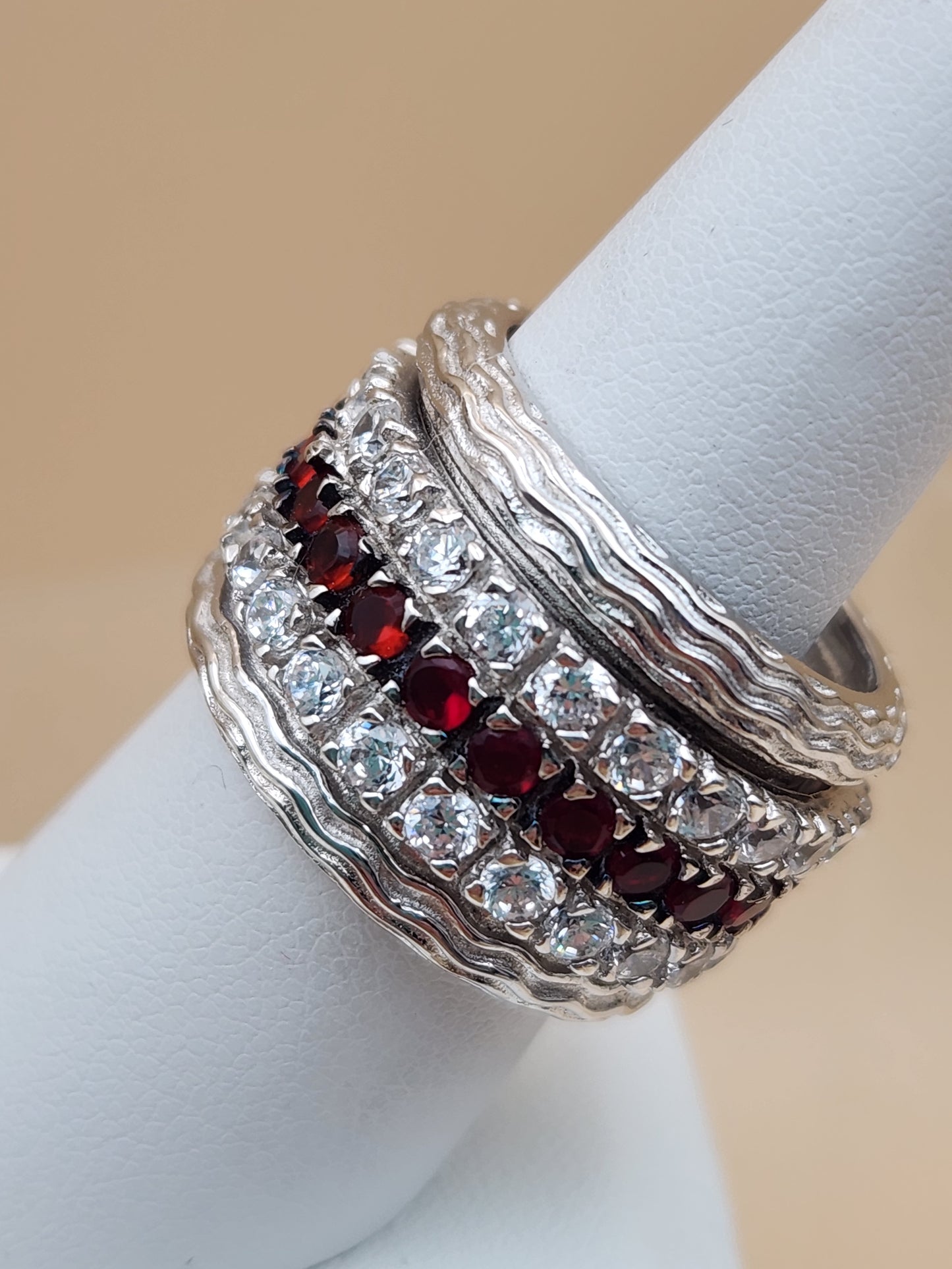 Sterling Silver Red Garnet/ Zircon Stone Spinner Ring Size 8