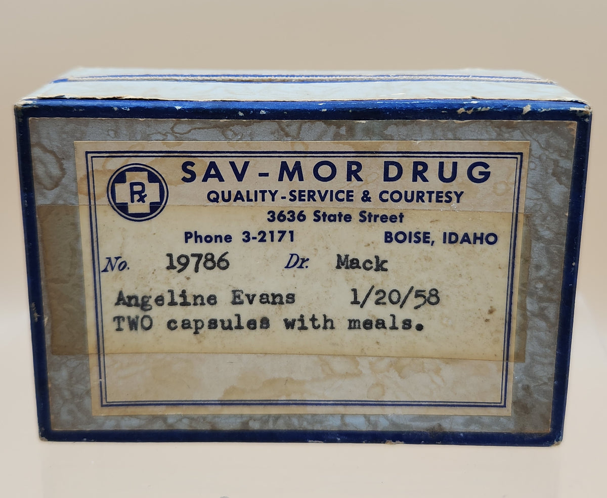 SAV-MOR Vintage 1958 Pharmaceutical Prescription Box/3636 State Street Boise, Idaho