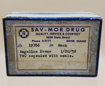 SAV-MOR Vintage 1958 Pharmaceutical Prescription Box/3636 State Street Boise, Idaho