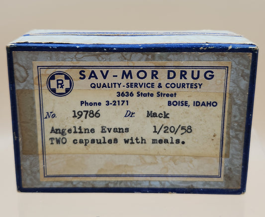 SAV-MOR Vintage 1958 Pharmaceutical Prescription Box/3636 State Street Boise, Idaho