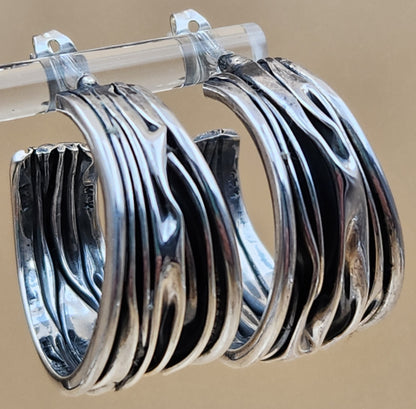 Sterling Silver Hand Crafted Mexico Textured Hoop Earrings