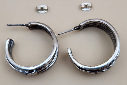 Sterling Silver Hand Crafted Mexico Textured Hoop Earrings