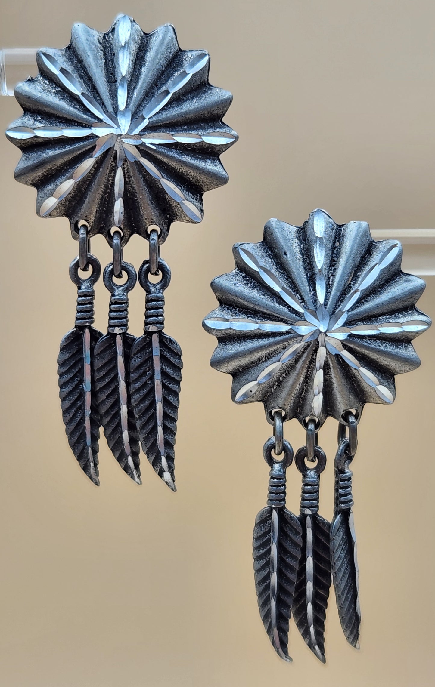 Antiqued Silver Tone Starburst/Dangle Feather 2" Earrings