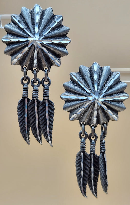Antiqued Silver Tone Starburst/Dangle Feather 2" Earrings