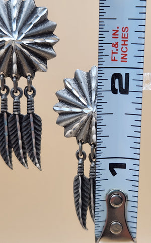 Antiqued Silver Tone Starburst/Dangle Feather 2" Earrings