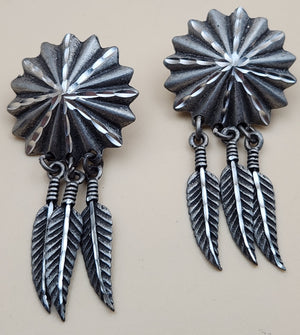 Antiqued Silver Tone Starburst/Dangle Feather 2" Earrings