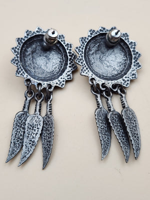 Antiqued Silver Tone Starburst/Dangle Feather 2" Earrings
