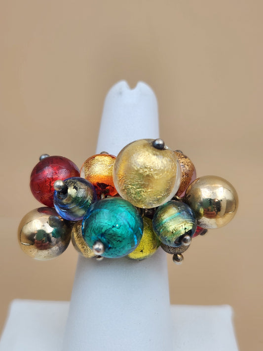 ITALIAN ART GLASS Gold Plated Sterling Silver Adjustable Ring Size 6