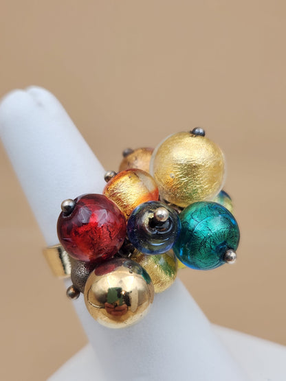 ITALIAN ART GLASS Gold Plated Sterling Silver Adjustable Ring Size 6
