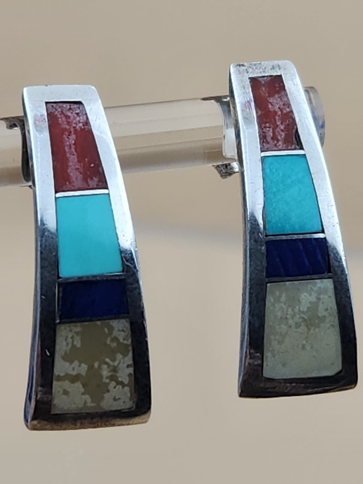 RICK & GLENDORA BOOQUA ZUNI TRIBE Inlaid Turquoise/Lapis/Spiny Oyster/Mother Of Pearl/Sterling Silver Earrings