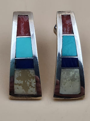 RICK & GLENDORA BOOQUA ZUNI TRIBE Inlaid Turquoise/Lapis/Spiny Oyster/Mother Of Pearl/Sterling Silver Earrings
