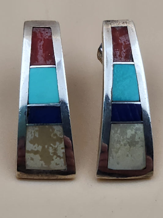 RICK & GLENDORA BOOQUA ZUNI TRIBE Inlaid Turquoise/Lapis/Spiny Oyster/Mother Of Pearl/Sterling Silver Earrings