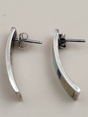 RICK & GLENDORA BOOQUA ZUNI TRIBE Inlaid Turquoise/Lapis/Spiny Oyster/Mother Of Pearl/Sterling Silver Earrings