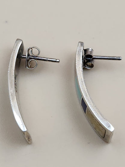 RICK & GLENDORA BOOQUA ZUNI TRIBE Inlaid Turquoise/Lapis/Spiny Oyster/Mother Of Pearl/Sterling Silver Earrings