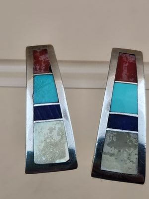 RICK & GLENDORA BOOQUA ZUNI TRIBE Inlaid Turquoise/Lapis/Spiny Oyster/Mother Of Pearl/Sterling Silver Earrings