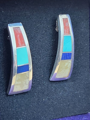 RICK & GLENDORA BOOQUA ZUNI TRIBE Inlaid Turquoise/Lapis/Spiny Oyster/Mother Of Pearl/Sterling Silver Earrings