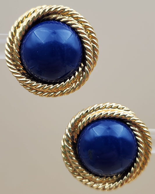 NAPIER Textured Rope Twist/Blue Lucite Cabochon Vintage 1970's-80's Stud Earrings