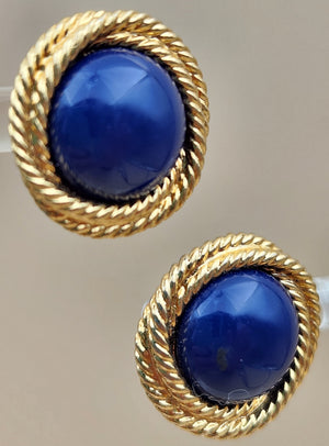 NAPIER Textured Rope Twist/Blue Lucite Cabochon Vintage 1970's-80's Stud Earrings