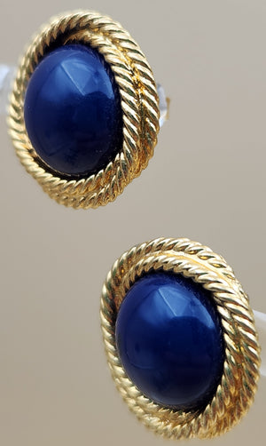 NAPIER Textured Rope Twist/Blue Lucite Cabochon Vintage 1970's-80's Stud Earrings