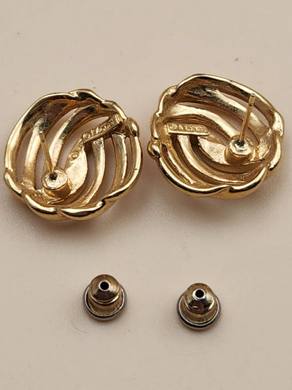 MONET Gold Tone Swirl Ribbed Vintage 80's Stud Earrings