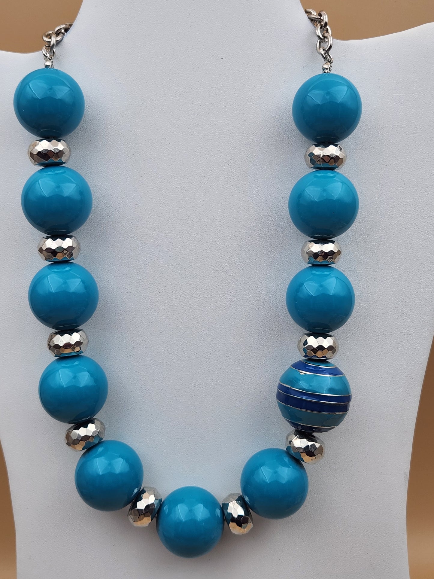 MACY'S Chunky Blue/ Turquoise Striped/Silver Tone Faceted/Adjustable/ Beaded 22"- 25" Necklace