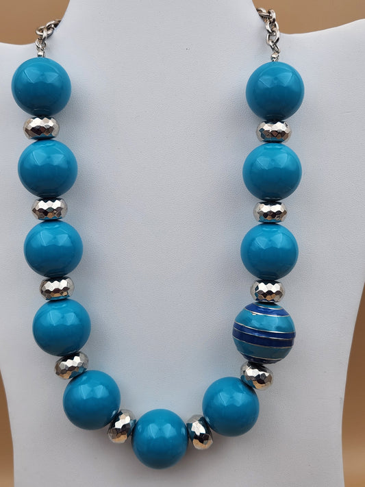 MACY'S Chunky Blue/ Turquoise Striped/Silver Tone Faceted/Adjustable/ Beaded 22"- 25" Necklace