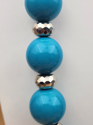 MACY'S Chunky Blue/ Turquoise Striped/Silver Tone Faceted/Adjustable/ Beaded 22"- 25" Necklace