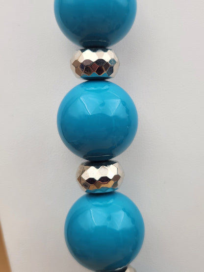 MACY'S Chunky Blue/ Turquoise Striped/Silver Tone Faceted/Adjustable/ Beaded 22"- 25" Necklace