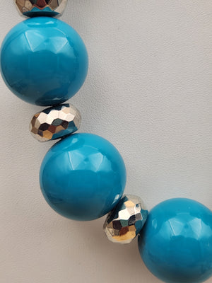 MACY'S Chunky Blue/ Turquoise Striped/Silver Tone Faceted/Adjustable/ Beaded 22"- 25" Necklace