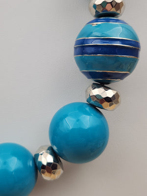 MACY'S Chunky Blue/ Turquoise Striped/Silver Tone Faceted/Adjustable/ Beaded 22"- 25" Necklace