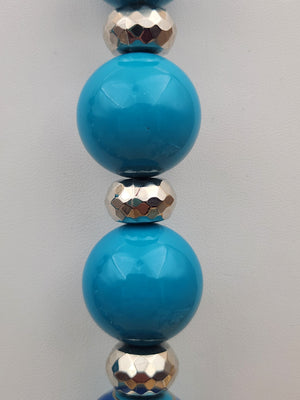MACY'S Chunky Blue/ Turquoise Striped/Silver Tone Faceted/Adjustable/ Beaded 22"- 25" Necklace