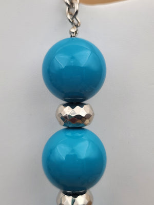 MACY'S Chunky Blue/ Turquoise Striped/Silver Tone Faceted/Adjustable/ Beaded 22"- 25" Necklace