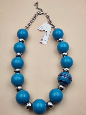 MACY'S Chunky Blue/ Turquoise Striped/Silver Tone Faceted/Adjustable/ Beaded 22"- 25" Necklace