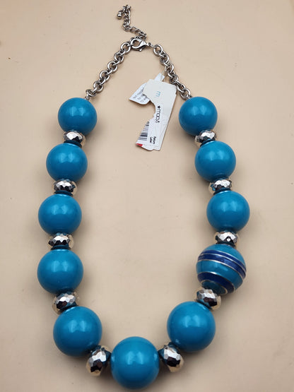MACY'S Chunky Blue/ Turquoise Striped/Silver Tone Faceted/Adjustable/ Beaded 22"- 25" Necklace