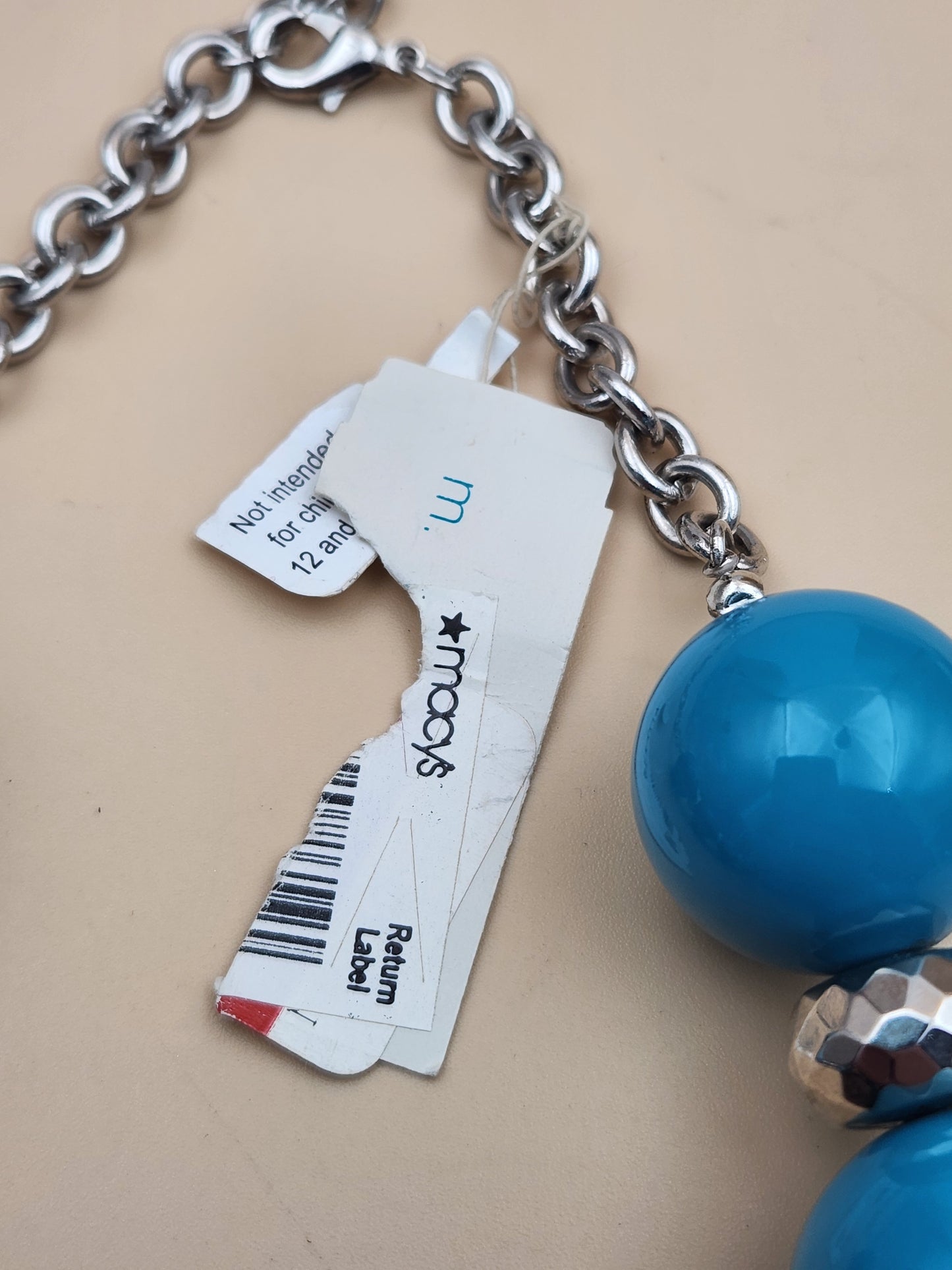 MACY'S Chunky Blue/ Turquoise Striped/Silver Tone Faceted/Adjustable/ Beaded 22"- 25" Necklace