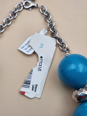 MACY'S Chunky Blue/ Turquoise Striped/Silver Tone Faceted/Adjustable/ Beaded 22"- 25" Necklace