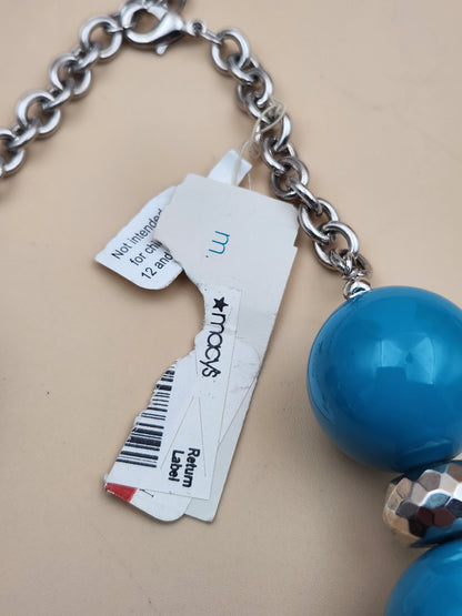 MACY'S Chunky Blue/ Turquoise Striped/Silver Tone Faceted/Adjustable/ Beaded 22"- 25" Necklace