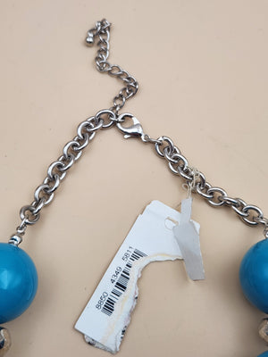 MACY'S Chunky Blue/ Turquoise Striped/Silver Tone Faceted/Adjustable/ Beaded 22"- 25" Necklace