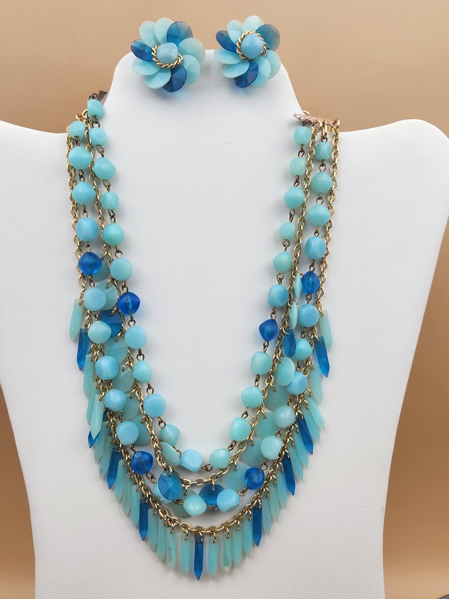 Mid Century Gold Tone/Shades of Blue Lucite Beaded 16" Statement Necklace and Matching Earrings Germany